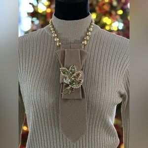 OOAK Handcrafted Necktie Necklace with Multi-Colored Stone Brooch & Beaded Chain